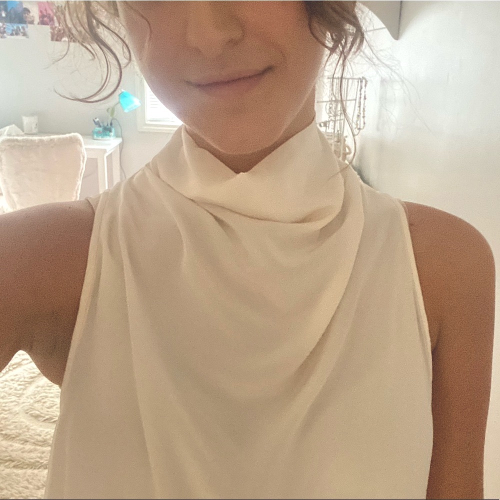 cream silk high neck sleeveless blouse